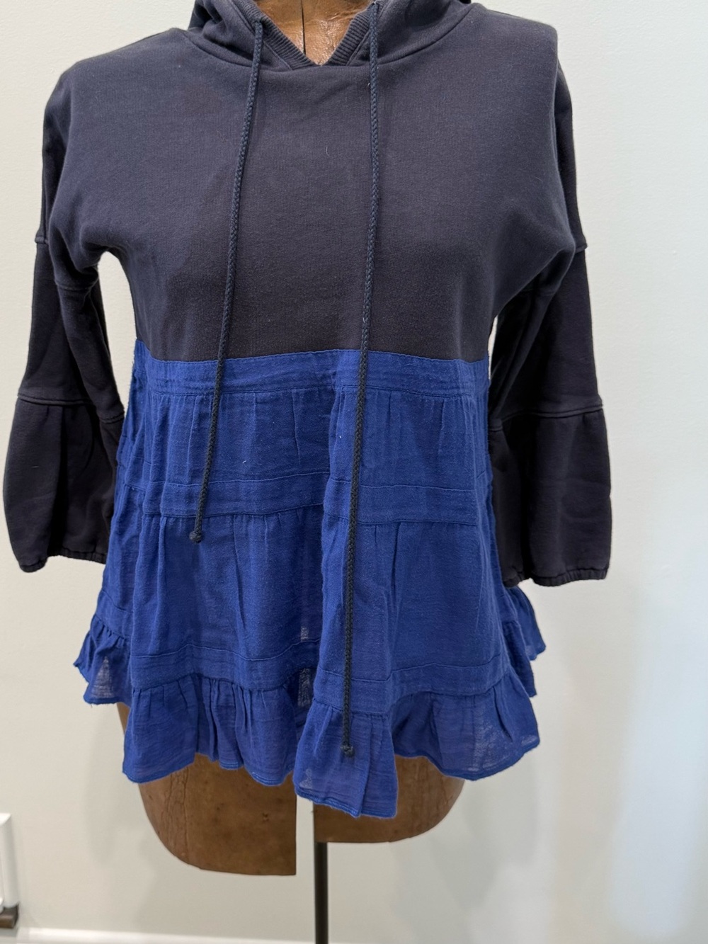 Free People Black and Navy Hooded Peplum Sweatshirt